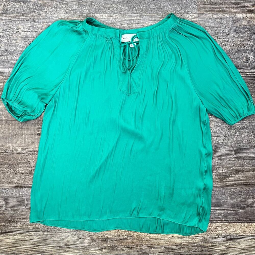 Chelsea & Theodore green satin short sleeved blouse top shirt size small S B122